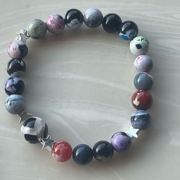 Hand crafted Colorful orca cow print ONE NEW stretch bracelet stars silver tone - Picture 6 of 8